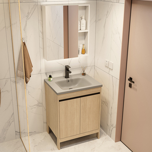 <span class=keywords><strong>Mobile</strong></span> <span class=keywords><strong>Bagno</strong></span> a Terra in Fibra di Carbonio e Alluminio con Luce, Legno Chiaro, 3 Ante, Lavabo Grigio, Armadietto a Specchio LED - Produttore, Ingrosso, OEM - Product Image 2