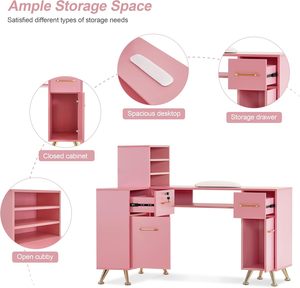 Tavolo da Manicure a L con Cassetti e Ripiani per lo Stoccaggio, Scrivania Angolare per Salone, Postazione Trucco - Product Image 3