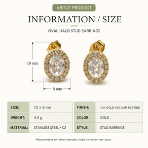 Boucles d'oreilles ovales halo pour femmes en acier inoxydable avec zircon, plaqué or 14K sous vide, options couleur or et argent, 10 x 8 mm - Product Image 3