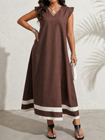 Robe élégante pour femmes, col en V, manches bouffantes, bordure blanche, longueur midi, convient pour les trajets quotidiens, les vacances à la plage, taille plus