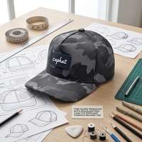 Casquette de sport OEM en polyester imperméable à 5 panneaux avec logo en PVC, motif camouflage, respirante, séchage rapide, découpée au laser, pour le golf et les activités de plein air