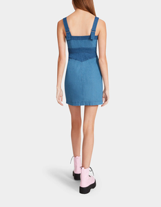 Moda verano fuera del hombro empalme Patchwork <span class=keywords><strong>costura</strong></span> lavado Casual Midi largo Denim Jeans vestido de mujer - Product Image 5