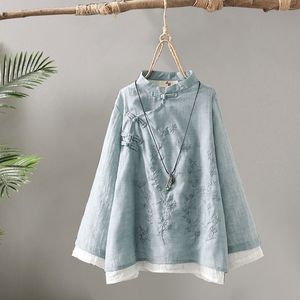 Traditional Chinese Embroidered Linen Cotton Shirt Women Loose Round Neck Tea Dress With Chinese Knot Buttons Spring 2025 - Product Image 4