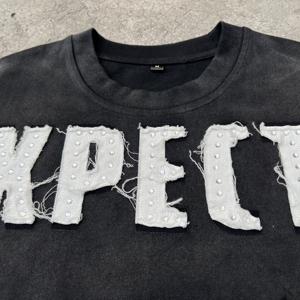 사용자 정의 <span class=keywords><strong>3XL</strong></span> 300 Gsm 빈티지 태양 퇴색 산성 워싱 디스트레스드 아플리케 패치 자수 모조 다이아몬드 대형 박시 핏 티셔츠 남성 - Product Image 5
