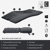 Keyboard Ergonomis Logitech K860 dengan Sandaran Pergelangan Tangan 3 Lapis, 54 Persen Lebih Banyak Dukungan, Pengangkat Telapak Tangan yang Dapat Disesuaikan untuk Kantor