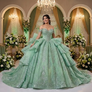 Rsm261134 Elegant Off Shoulder Heavy Beaded Glitter Fabric Tiered Ruffle <b>Mint</b> Ball Gown Quinceanera <b>Dress</b> Prom Jancember - Product Image 1