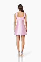 Fermeture éclair en métal plissé à la main à l'avant réglable en soie Elder Floral Decal Applique Mini robe en robes roses