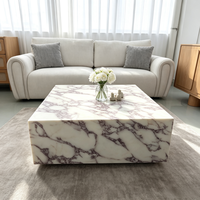 Table basse carrée à plateau effet marbre, table basse à socle bas pour salon