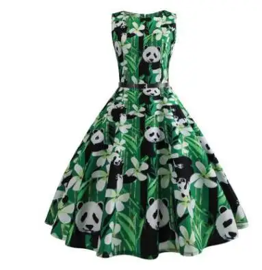 Vintage Dresses Panda Print Summer Dress for Women 50s 60s Floral Sleeveless Party Vestidos Elegant Large Swing Dress Belt