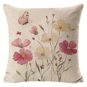 Funda de Almohada Cuadrada de Lino con Diseño de Mariposas y Flores Primaverales, 45x45cm, Transpirable, Decorativa para Sala de Estar y Sofá - Product Image 3