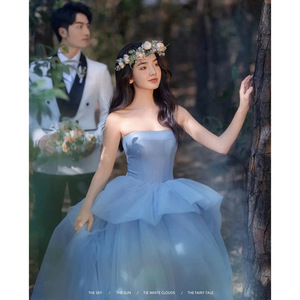 Blue Strapless Tulle Wedding Dress Empire Waistline With Train For Forest Theme Wedding - Product Image 1