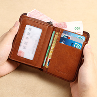 Dompet Kulit Asli Anti-RFID 2023 untuk Pria, Anti Maling, Lipat Dua, Kantong Koin dengan Ritsleting, Warna Cokelat