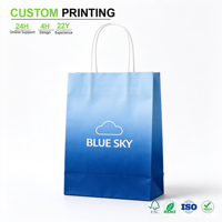 Sac en papier bleu dégradé imprimé sur mesure avec motif nuage et poignée en cordon torsadé blanc pour emballage de vente au détail en boutique, vente en gros