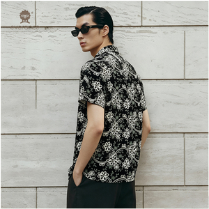 Camicia da uomo All-Over Stitch 70% poliestere nera con motivo a vite <span class=keywords><strong>crema</strong></span>, stile cubano, per l'estate e la spiaggia - Product Image 4