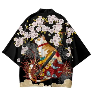 Японское кимоно Юката, Самурайское кимоно, мужская рубашка с принтом кота, одежда, кардиган для мужчин, традиционное кимоно хаори для женщин