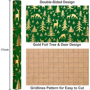 Christmas <b>Wrapping</b> <b>Paper</b> Roll Green Gold Foil Reindeer Tree 17 In X 33 Ft Recycled Gift Craft Packaging <b>Paper</b> - Product Image 3
