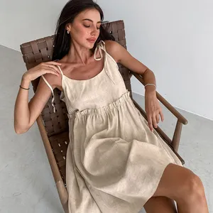 Enyami Férias Boheme Verão Algodão Linho Spaghetti Strap Khaki Ruched Casual A Linha Cami Vestido Mulheres