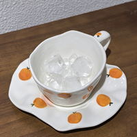 Tasse à café et soucoupe en céramique ondulée irrégulière faite à la main, 200 ml, imprimé fruits oranges, ensemble de tasses à thé pour le thé de l'après-midi