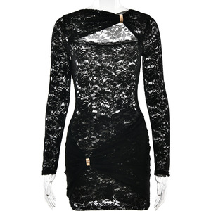 Vestido de Encaje de Manga Larga con Escote Cruzado, Capa Transparente y Recortes, Mini Vestido de Noche - Product Image 5