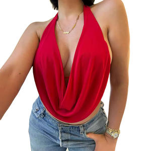 Viviblook Z103TP01 Women's <b>Tank</b> <b>Top</b> Solid Color Halter Deep V Draped Bandage Backless Sleeveless Sexy <b>Crop</b> <b>Top</b> - Product Image 4