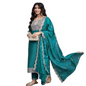 Ensemble Salwar Kameez en soie turquoise brodée pour femmes, style traditionnel indien et pakistanais, longueur cheville, pour les occasions spéciales - Product Image 1