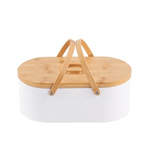 Home and Kitchen Accessory Carbon Steel Bread Box With Bamboo Lid Vintage Design Container for Food Storage Bin