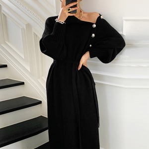 Nuovo Design all'ingrosso da donna a manica lunga abito in maglia con pulsante cintura stile francese elegante tinta unita <span class=keywords><strong>maglione</strong></span> Casual abito <span class=keywords><strong>lungo</strong></span> - Product Image 5