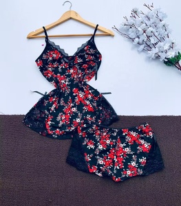 Women's Sexy Halter <strong>Shorts</strong> Suit Floral Print Deep V Lace Neck Pajamas Ice Silk <strong>Slip</strong> Nightwear Soft Suspender Nightgown Home Wear - Product Image 5