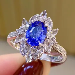 Caoshi Luxe S925 Plated Oval Cut Blue Gemstone Side Stone Marquise Cut Crystal Flower Wedding Engagement Ringen Sieraden Vrouwen