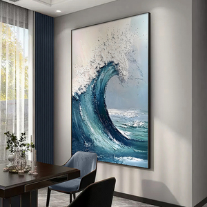 Paesaggio Fengshui dipinto a mano dipinto a olio del mare blu moderno per il supporto della tela della decorazione della parete dell'ufficio o del salotto - Product Image 2