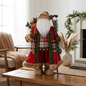Christmas Santa Claus Figurine Papai Noel Red Wool Coat Plaid Vest Wood Bell Staff Lodge Cabin Decor - Product Image 1