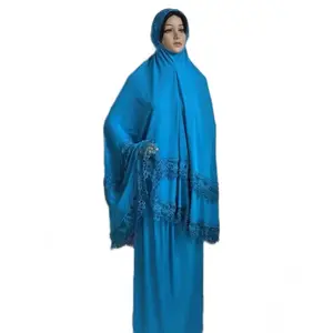 S0047 Free size islamic robe two pieces set jersey fabric prayer suits lace embroidery jilbabs muslim clothing abaya women dress