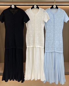 Abito Lungo Midi da Donna con Motivo Floreale Traforato, Collo Tondo, Maniche Corte, Bottoni di Perle, Patchwork e Pieghe, Stile Elegante e Raffinato - Product Image 1