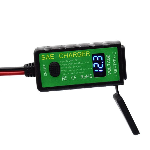 Motorcycle SAE Charger With Dual USB Type C PD & Quick Charge 3.0 With Motorcycle Voltmeter & ON/Off Switch for Smart PhoneTable