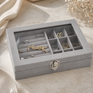 Custom Logo Velvet Square Jewelry Organizer Box with Glass Lid Snap Closure Multi Slot <b>Storage</b> for <b>Rings</b> Earring jewelry <b>storage</b> - Product Image 4