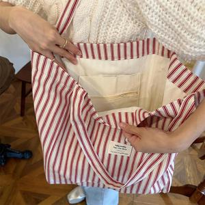 Bolsa de Mano de Lona Ecológica en Oferta, Bolsa de Hombro Plegable a Rayas para Mujer, Bolsa de Compras de Gran Capacidad para Verano, Bolsas de Lona Personalizadas - Product Image 3