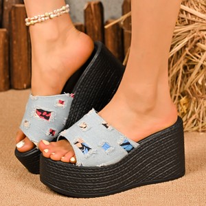 Cuña de verano para mujer, superventas, para <span class=keywords><strong>zapatillas</strong></span>, tacón inclinado, suela gruesa, sandalias de moda con diseño de boca de pez, Denim Mate reciclable - Product Image 2