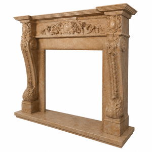 Cheminée traditionnelle en marbre avec sculptures ornées, en pierre beige crème classique, foyer intérieur à bois pour salle à manger - Product Image 2