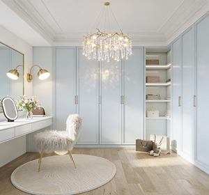 Armario Moderno de Madera Azul Claro con Puerta de Vidrio Esmerilado y Herrajes Dorados |   Armario de Dormitorio Personalizado con Cajones de Almacenamiento Integrados - Product Image 5