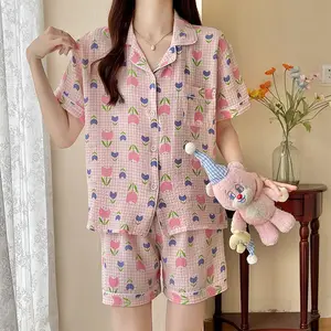 Top fornecedor de verão diário pijamas femininos clássico crepe algodão cardigan casa lazer 2 peças pijamas para mulher conjunto