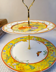 Yellow Floral Insect Print Bone China 2 Tier Cake <b>Stand</b> With Gold Handle Fine Ceramic Dessert <b>Stand</b> For Party Wedding - Product Image 3