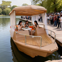 Bateau électrique de style nouveau pour la navigation de plaisance et les activités nautiques, bateau de loisirs avec table et auvent pour les goûters sur le lac