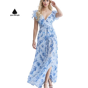 Robe longue décontractée pour femmes Green Dimple OEM avec fente, imprimé floral, découpes, robe de plage sexy pour femmes, robe de soirée - Product Image 2
