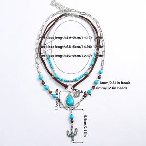 Conjunto de Collar de Moda Retro Étnico Personalizado para Mujer, con Clip de Papel, Cuero Marrón de Gamuza, Aleación Turquesa, Concha, Cactus, Joyería Occidental - Product Image 3