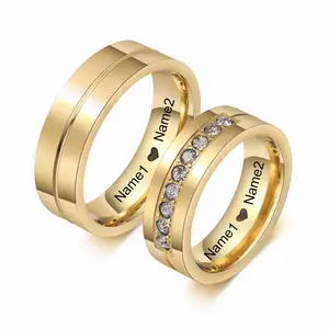 24k Gold Plated Tungsten Steel Diamond Zirconia Ring Custom Name Couple Jewelry Wedding Ring