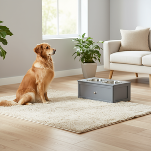 Comederos elevados grises para perros con almacenamiento, 2 comederos de acero inoxidable para perros medianos, uso moderno en interiores - Product Image 2