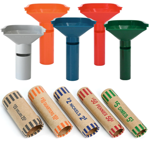 Conjunto de Embudo y Envolvedor para Clasificar Monedas, Tubo Contador de Monedas Codificado ABA de 5 Colores con Rollos de Papel Kraft para el Hogar, Banco u Oficina - Product Image 1