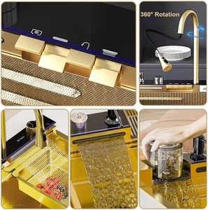 Fregadero de Cocina con Pantalla Digital de 750*460 mm, Moderno y Elegante, de Acero Inoxidable Dorado 304, con Grifo de un Solo Orificio de 110 mm - Product Image 3