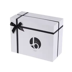 Caja de regalo de papel de gran tamaño, cartón blanco personalizado elegante, embalaje de marca OEM con lazo de cinta