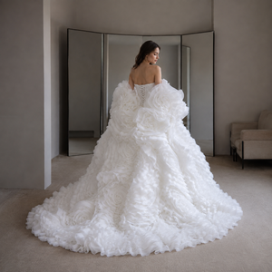 Vestido de Novia de Organza con Rosetones, Mangas Abullonadas Desmontables, Escote Corazón, <span class=keywords><strong>Volantes</strong></span> Florales, Falda de Tul con Capas, Lujoso - Product Image 3